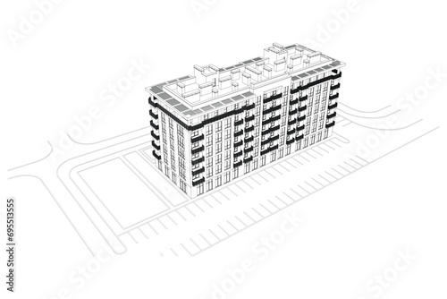 Vector architectural project of a multistory building, aerial view	

