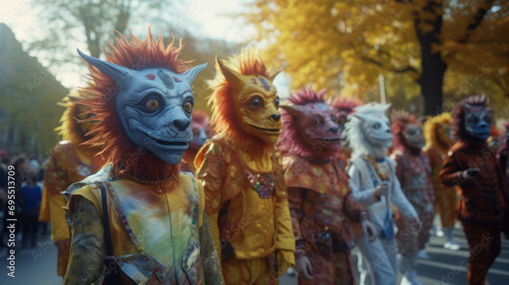 Fototapeta premium A childrens parade featuring costumes of zodiac animals.