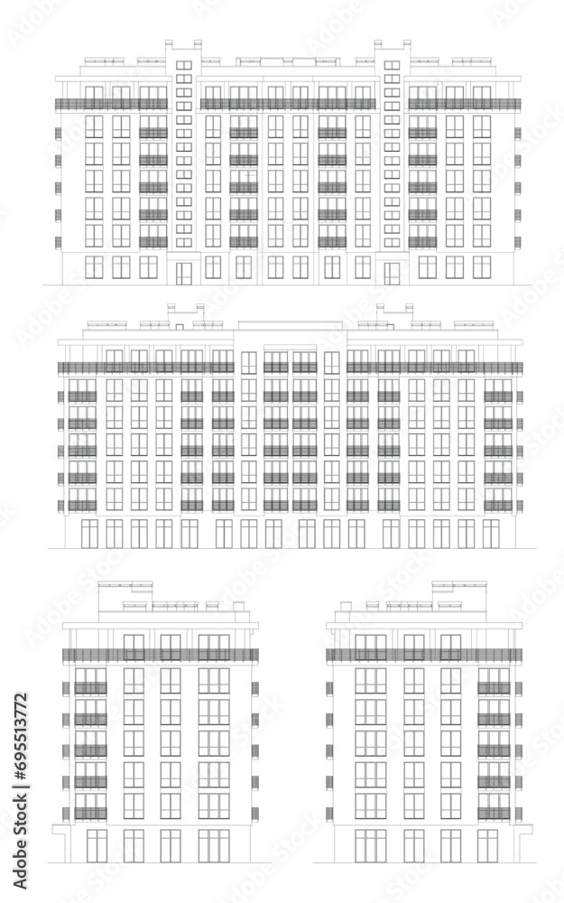 Multistory building detailed architectural technical facade drawing, vector blueprint	
