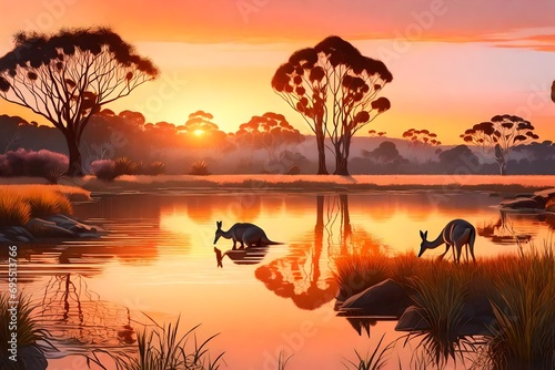 A nostalgic background scene depicting an Australian sunset over a pond, kangaroos grazing nearby, the warm colors of the sky reflected in the water, a slight scent of eucalyptus in the air