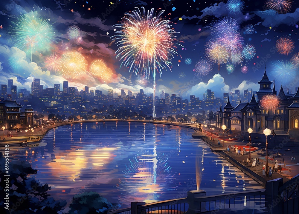 Cityscape with fireworks in the night sky background. Fireworks over the city