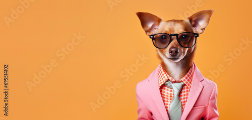 dapper dog in peach blazer and glasses on orange background with copy space 