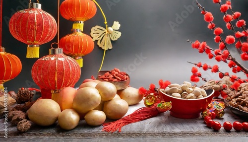 Chinese new year decorations with lanterns and food