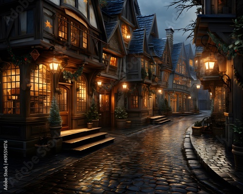Cobblestone street with old houses at night in the city