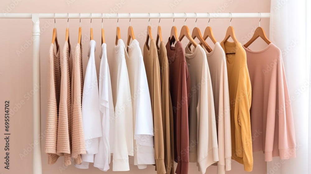 Stylish womans clothes hanging on a rack natural colors, trending concept, pastel colors in white room modern design closeup