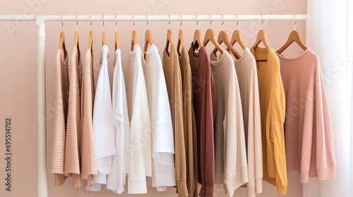 Stylish womans clothes hanging on a rack natural colors, trending concept, pastel colors in white room modern design closeup