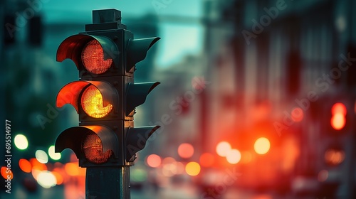 Traffic light sign in the city by night. Green, red, orange traffic light with blurred city on the background in the evening. close up,transport concept photo