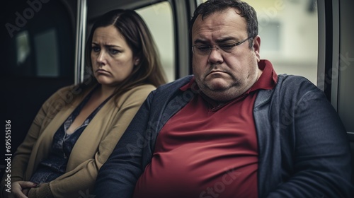 Unhappy overweight couple sitting in a modern intercity passenger train