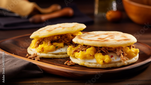 The Luruaco Egg Arepas. Colombia Pancakes with chicken and eggs on a wooden background. Selective focus. generativa IA