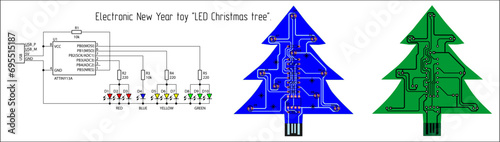 Electronic New Year toy "LED Christmas tree". 
Vector electrical schematic diagram and a printed 
circuit board of a digital electronic device. Pcb draft
with conductors and radio components.