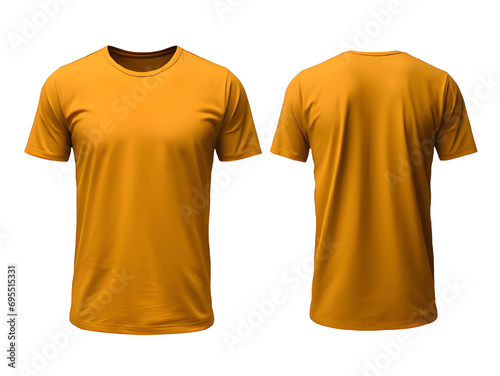 Two yellow t-shirt without wrinkles, on a perfect white background, one front side and the back side