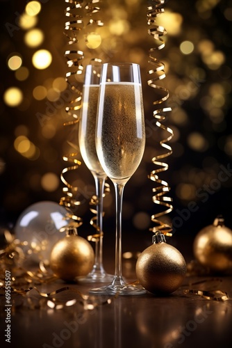 Champagne Glass, bokeh Christmas garland lights. Celebration of New Year