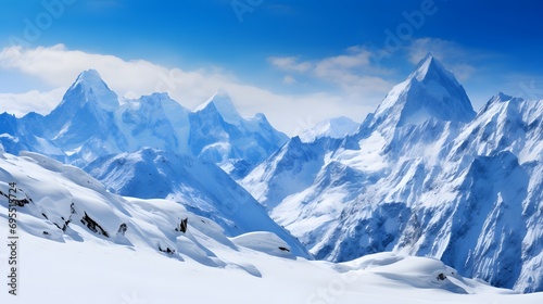 Panoramic view of the snowy mountains. Caucasus, Russia. © Iman