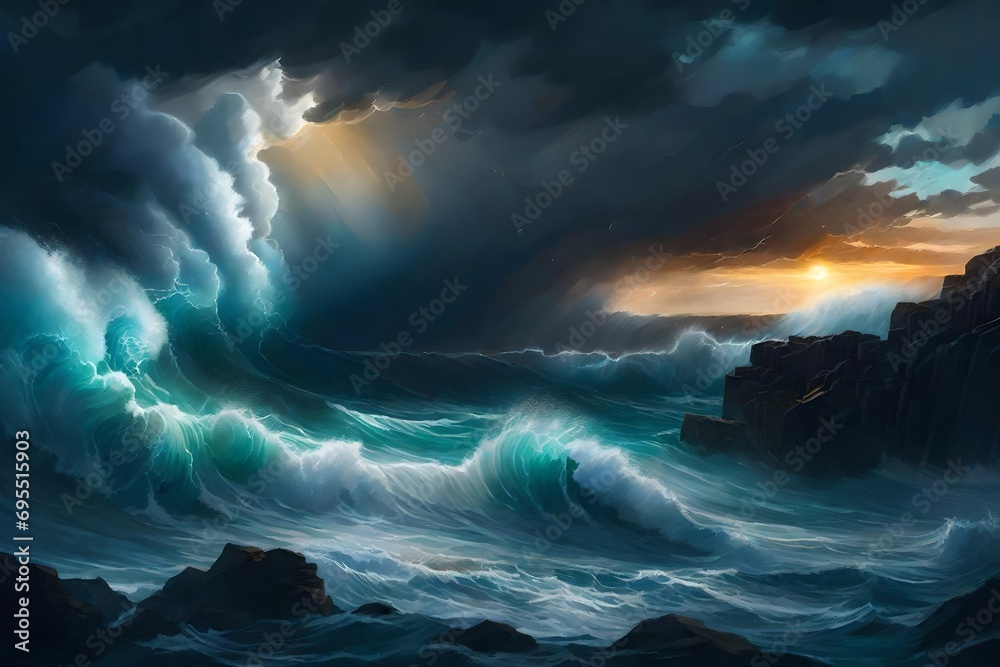 A dramatic scene of the sea and sky colliding in a powerful storm, tumultuous waves crashing against the rocky shore, a dark and brooding sky filled with swirling clouds