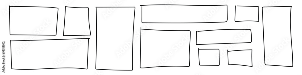 Hand drawn frame featuring square doodle and rectangle sketch. Grunge style box with rough border. Flat vector illustration isolated on white background. Hand drawn frame featuring square doodle and rectangle sketch. Grunge style box with rough border. Flat vector illustration isolated on white background.