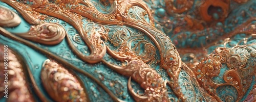a close up of a blue and gold fabric