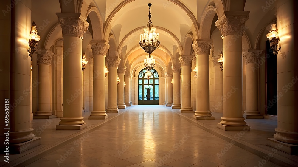 Panoramic view of a hallway with columns and arches.
