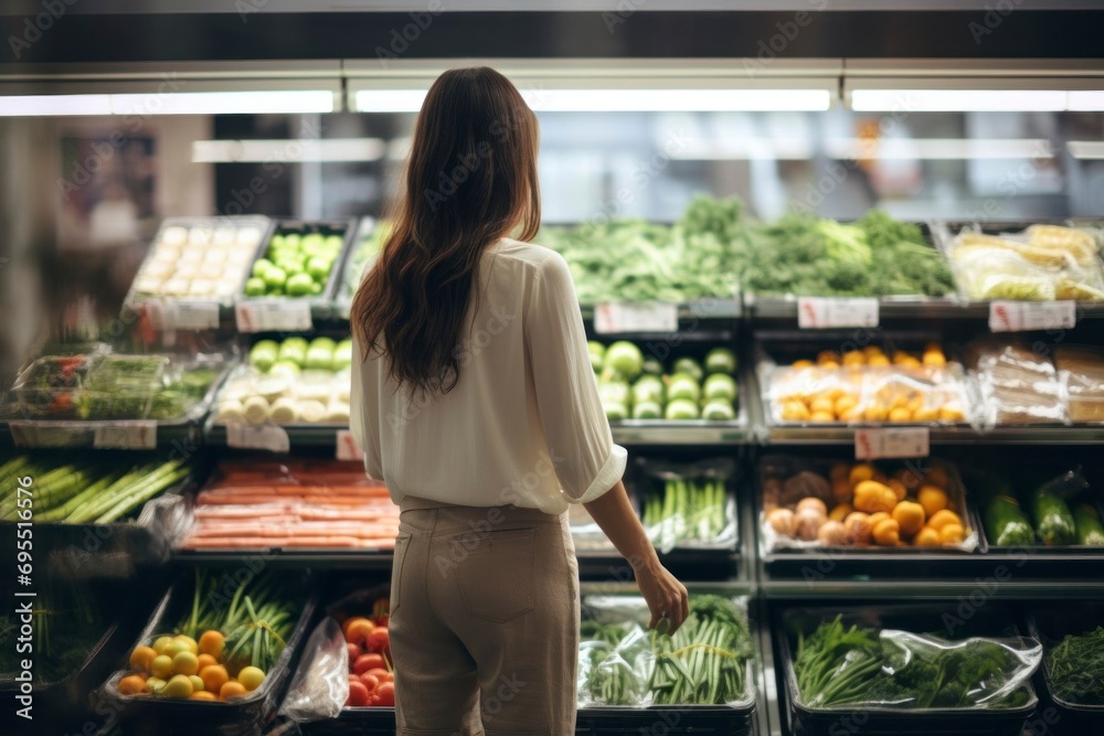 A vibrant woman explores the grocery store, perusing a bountiful display case of fresh vegetables and fruits, making her choices for a healthy and colorful shopping experience.