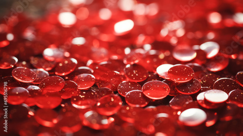 Glitter texture of red sparkles laying on the table. Many red peaces of sequins for dress and decorations