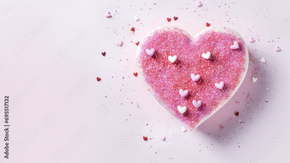 Pink color cake in the shape of a heart with confetti on a light background, glitter, flat lay