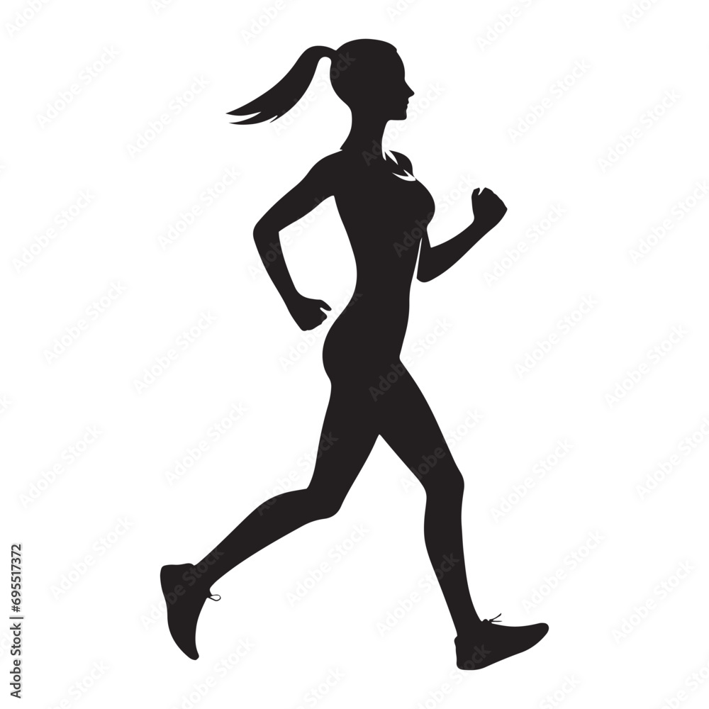 Running Girl Silhouette: Powerful Stride, Determined Female Runner Silhouetted in High Contrast - Minimallest running black vector lady runner Silhouette
