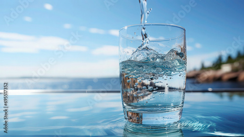Pouring water into the glass on the river and blue sky represents the World Water Day awareness