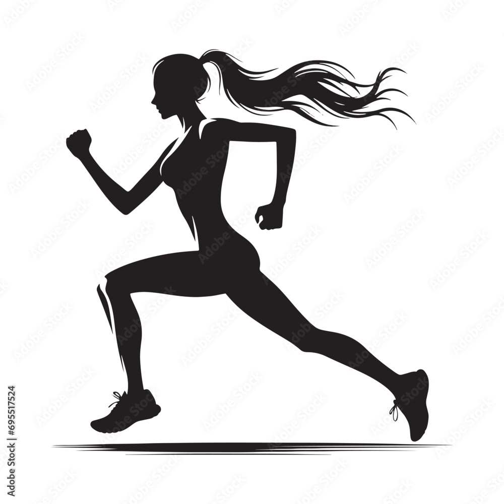 Running Girl Silhouette: Endurance and Strength, Woman Jogging in Powerful Silhouette Form - Minimallest running black vector lady runner Silhouette
