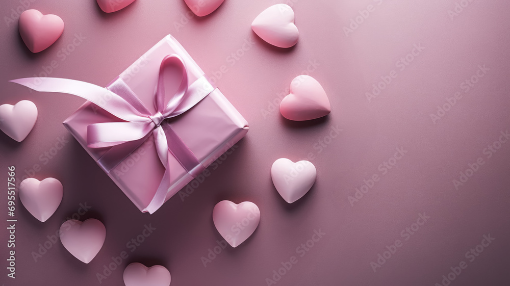 Dark pink classic gift box with pink ribbon and pink hearts, isolated on pink background Dark pink classic gift box with pink ribbon and pink hearts, isolated on pink background