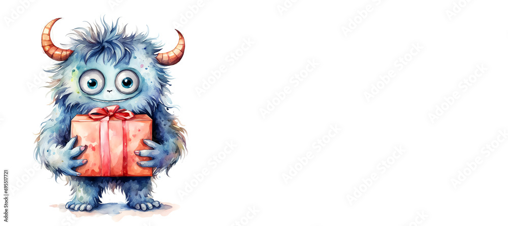 Obraz premium A cute watercolor monster is holding a gift box. background for holidays, birthday, love, Valentine's day, February 14th. artificial intelligence generator, AI, neural network image. background for th