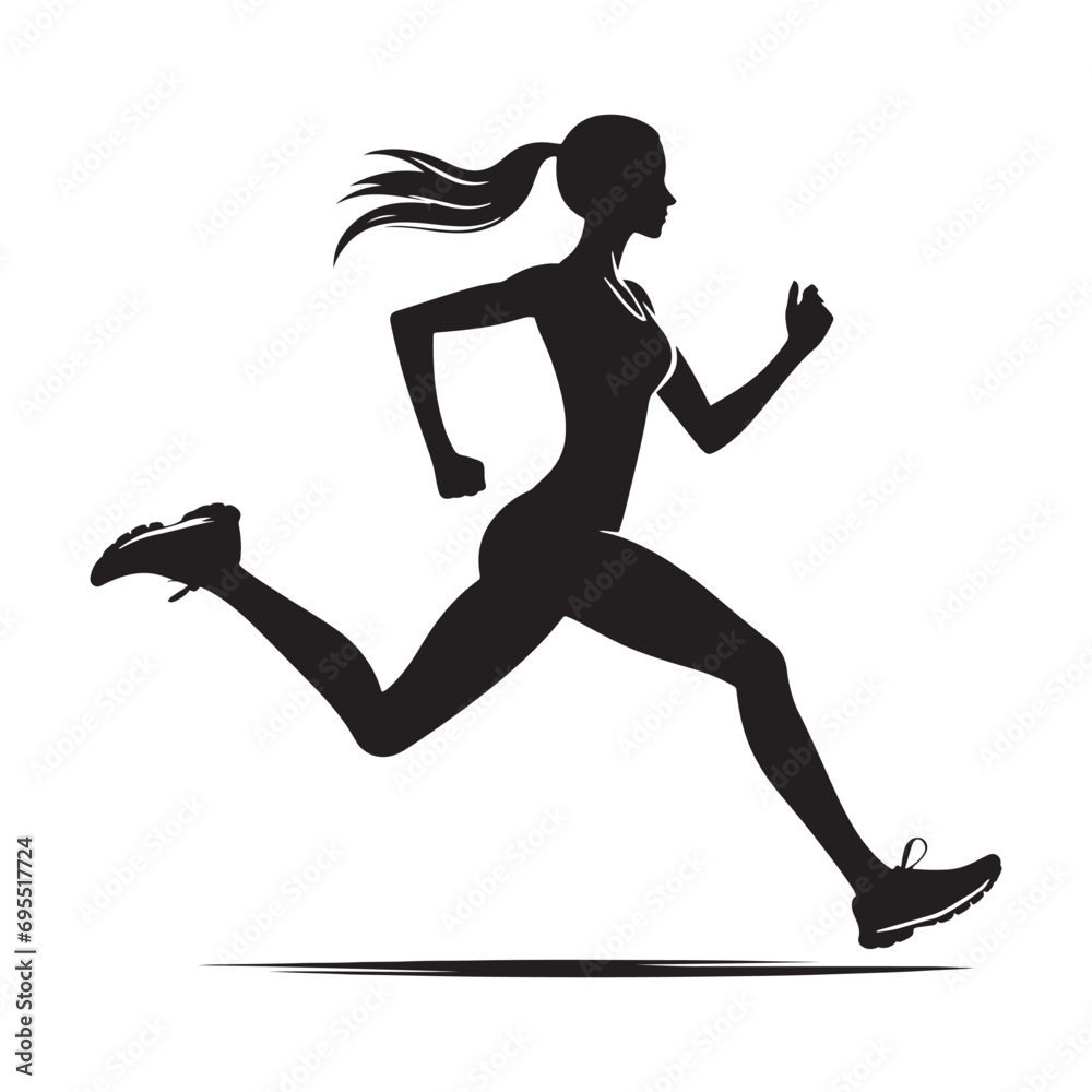 Running Girl Silhouette: Inspiring Female Runner in Grayscale, Conveying Determination and Strength - Minimallest running black vector lady runner Silhouette
