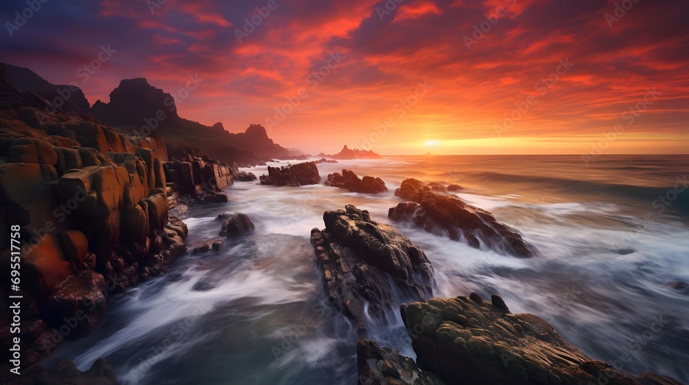 Long exposure of a beautiful sunset over a rocky beach in South Africa