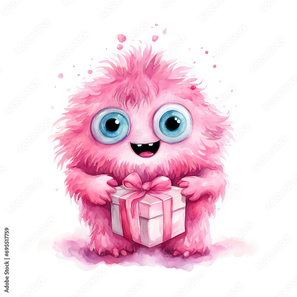 A cute watercolor monster is holding a gift box. background for holidays, birthday, love, Valentine's day, February 14th. artificial intelligence generator, AI, neural network image. background for th
