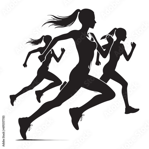 Running Girl Silhouette: Silhouetted Woman Jogging Along Serene Beach, Embracing the Beauty of Coastal Fitness - Minimallest running black vector lady runner Silhouette
