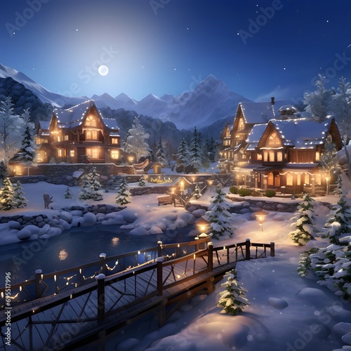 Winter night in the mountains. Christmas landscape with wooden houses and lake.