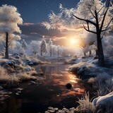 Beautiful winter landscape with a frozen river and trees in the foreground