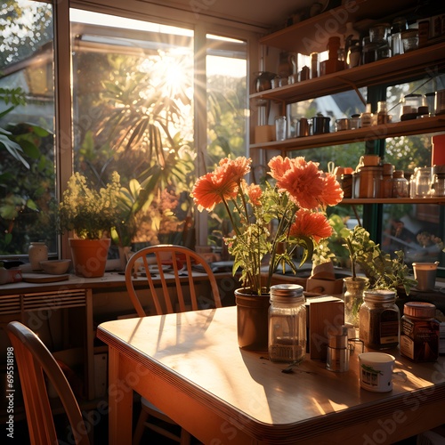 wooden table and chairs in coffee shop with flowers in vase