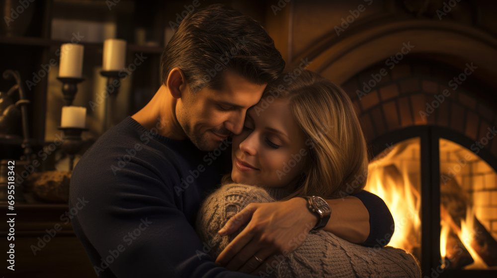 A couple cuddling by a fireplace.