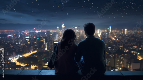 A couple enjoying a city night view from a high vantage point.