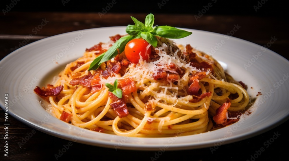 Close up of classical Italian spaghetti with Amatriciana sauce, grated cheese and greens. Homemade Bucatini all Amatriciana Pasta with Tomato and Basil. Close up of classical Italian spaghetti with Amatriciana sauce, grated cheese and greens. Homemade Bucatini all Amatriciana Pasta with Tomato and Basil.