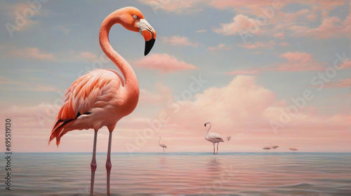 photo illustration of a pink flamingo standing on the edge of a lake