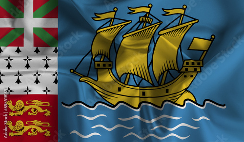 High detailed flag of Saint Pierre and Miquelon. National Saint Pierre and Miquelon flag. 3D illustration.