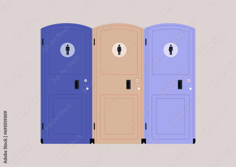 A series of standalone outdoor toilet cabins, each displaying distinct signs denoting identity, Women, Men, and All Gender A series of standalone outdoor toilet cabins, each displaying distinct signs denoting identity, Women, Men, and All Gender