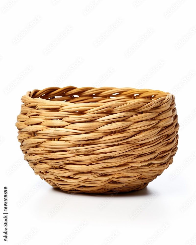 Empty wooden fruit or bread basket on white background, Wicker rattan basket isolated on white background.