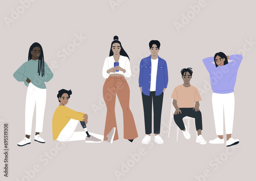 A group of young diverse characters gathered together, casual attire and candid poses