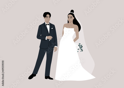 An upper-class groom and bride stand together during their wedding ceremony, adorned in elegant and lavish attire