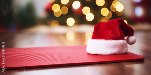 Close up of red yoga mat with Santa Clause hat home decorated for Christmas, New Year. Healthy lifestyle, weight loss, New Year's resolution, copy space.