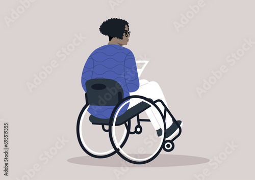 A senior woman in a wheelchair, seen from behind, reading a daily newspaper
