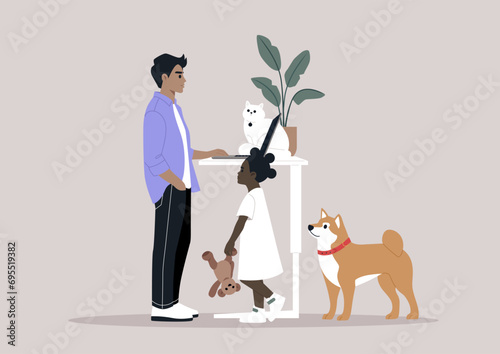 A portrayal of work-life balance - a young parent multitasking, attending to office duties remotely while being distracted by their child and pets