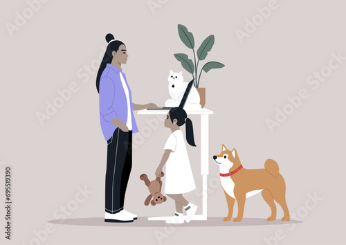 A portrayal of work-life balance - a young parent multitasking, attending to office duties remotely while being distracted by their child and pets