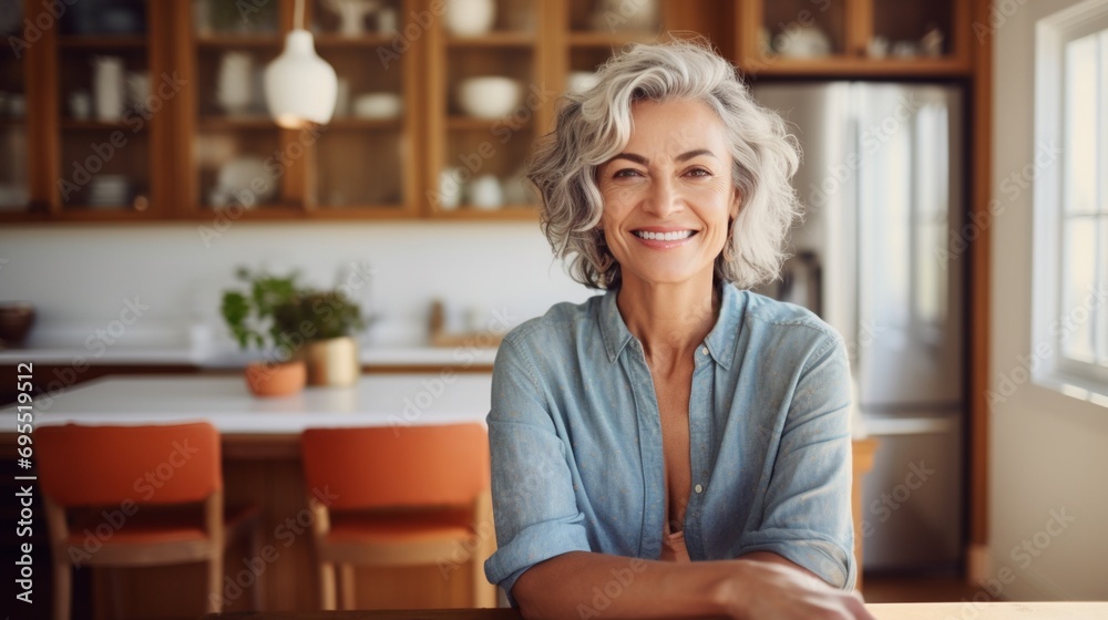 Mature middle aged housewife with gray hair and brown eyes posing indoors in her modern clean stylish kitchen interior, hand on table, relax and smile joyfully looking at the camera, copy space. Mature middle aged housewife with gray hair and brown eyes posing indoors in her modern clean stylish kitchen interior, hand on table, relax and smile joyfully looking at the camera, copy space.